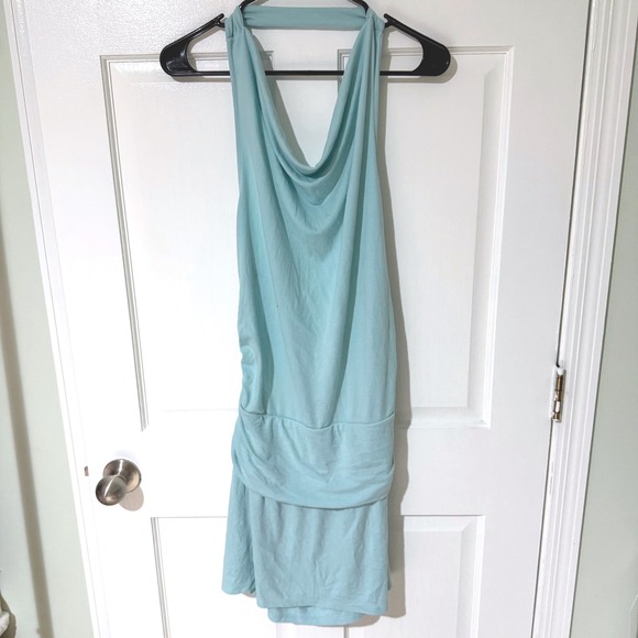 Free People Dresses & Skirts - Free People FP Beach Aqua Draped Halter Mini Dress XL Open Back Ruched Cowl Neck